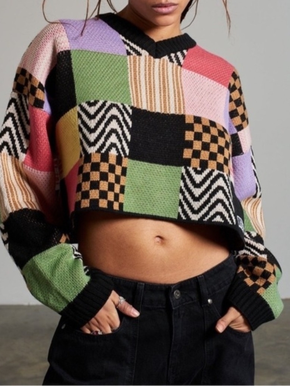 The Ragged Priest Tang Patchwork Multicolor Crop Sweater Women's Size Small